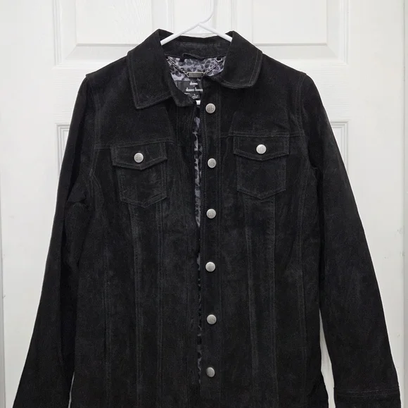 Dennis Basso Suede Leather Button Front Black Jacket Women’s Sz Small Washable - Picture 3 of 16